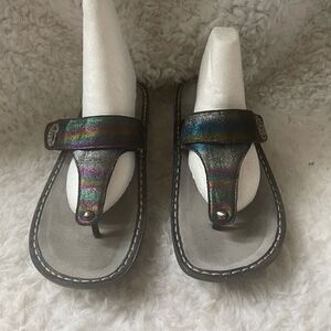 Alegria iridescent rainbow leather thong sandals side rhinestones brooch…